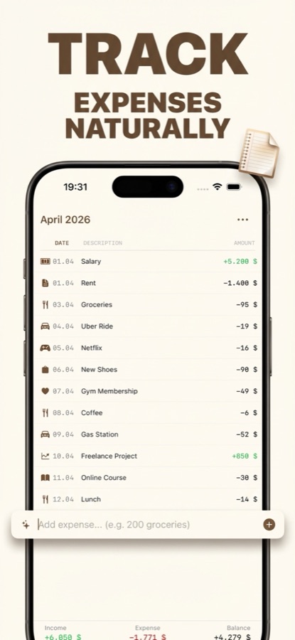Fiano ledger showing a month of expenses and income with an add-expense field